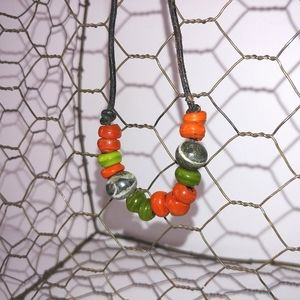 Vintage Bead Necklace Handmade Jewelry Orange Green Glass Beads